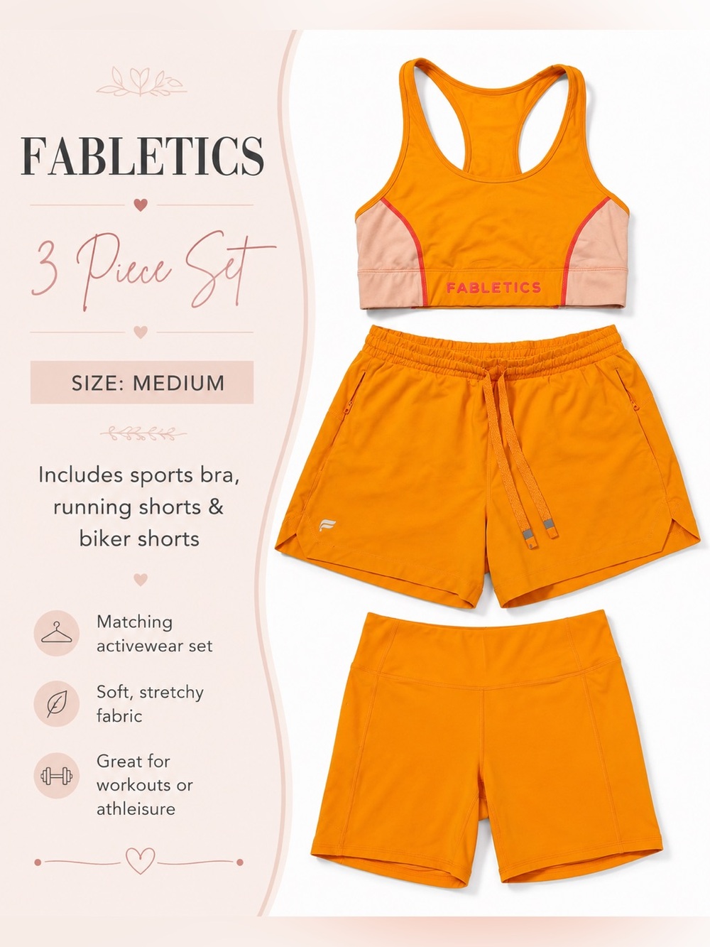 Fabletics Women's yelloOrange medium 3-Piece Activewear Set - Sports Bra & Short